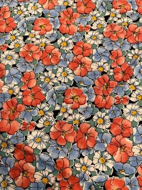 Vintage Orange and Blue Floral Print Fabric Cotton Blend